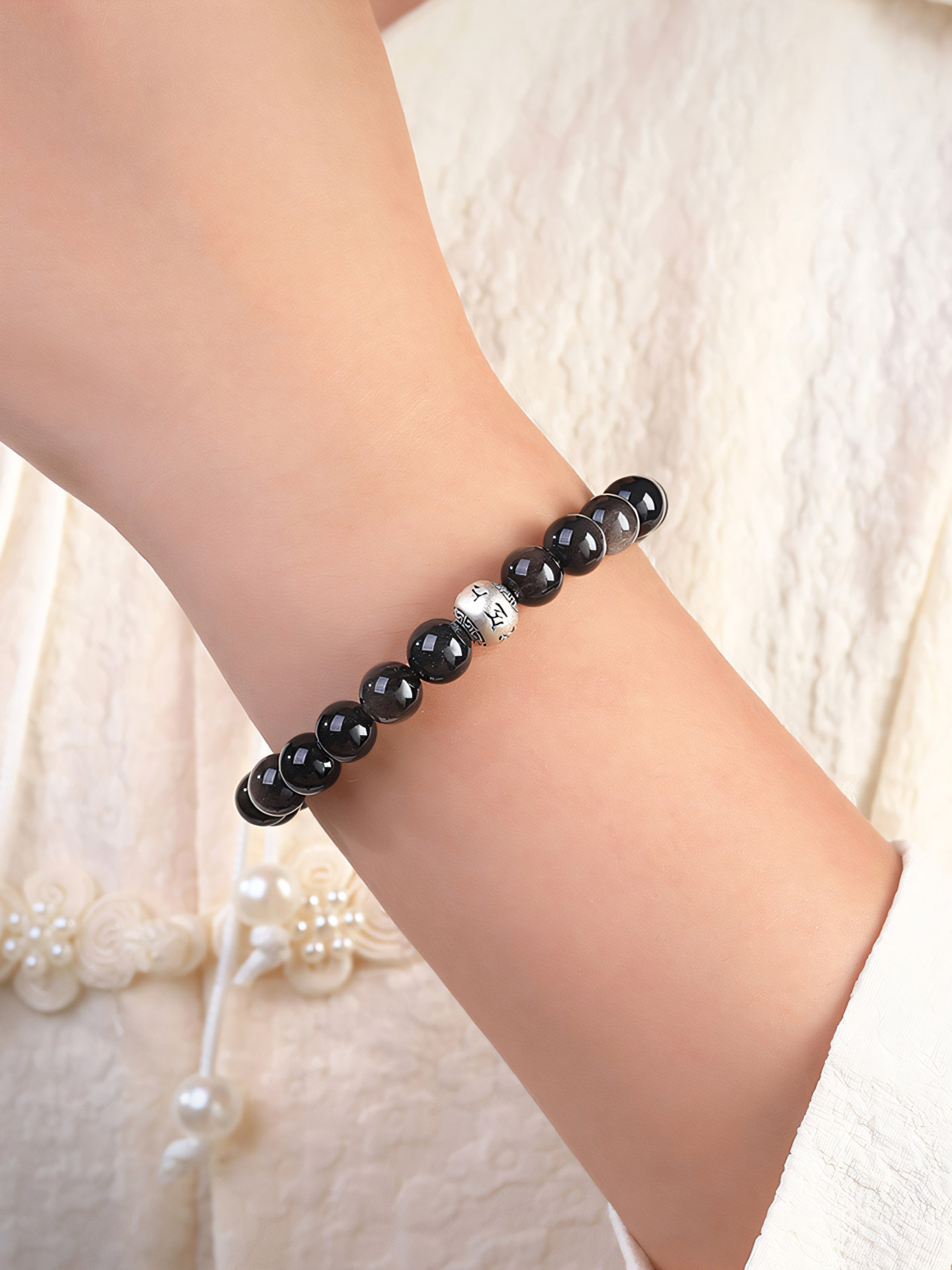 Natural Obsidian S999 Silver Lucky Beads Bracelet