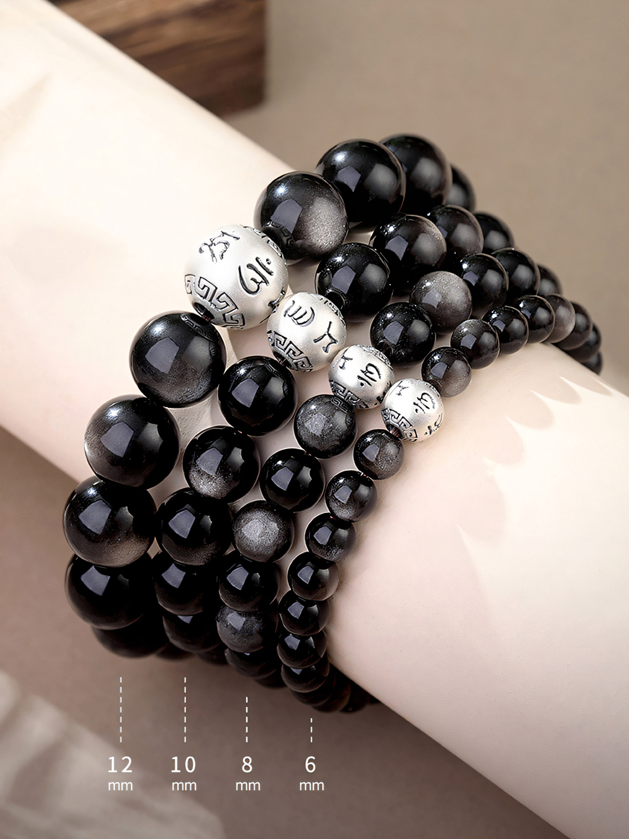 Natural Obsidian S999 Silver Lucky Beads Bracelet