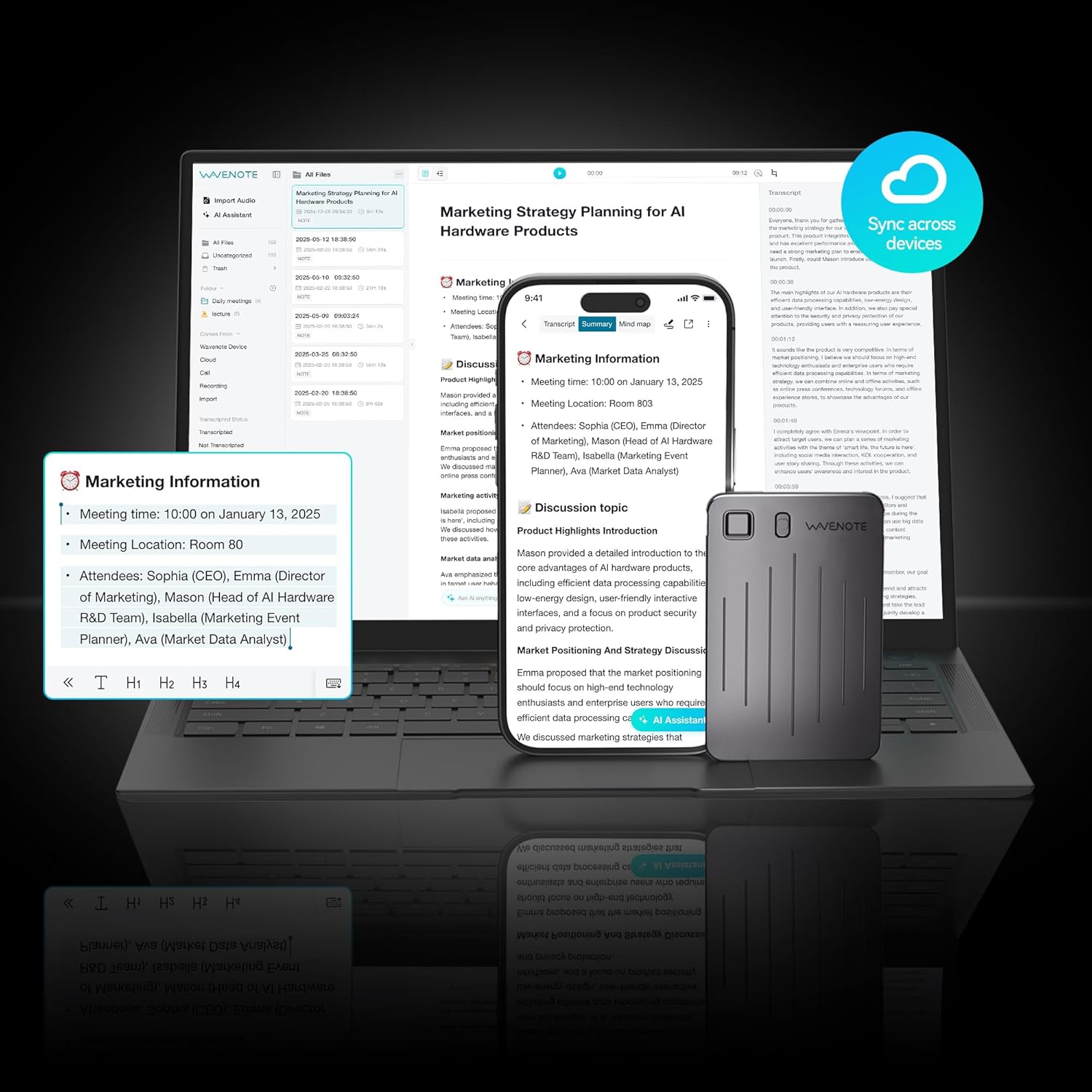 WaveNote AI Digital Recorder 36 Hours Of Continuous Recording Supports 112 Languages