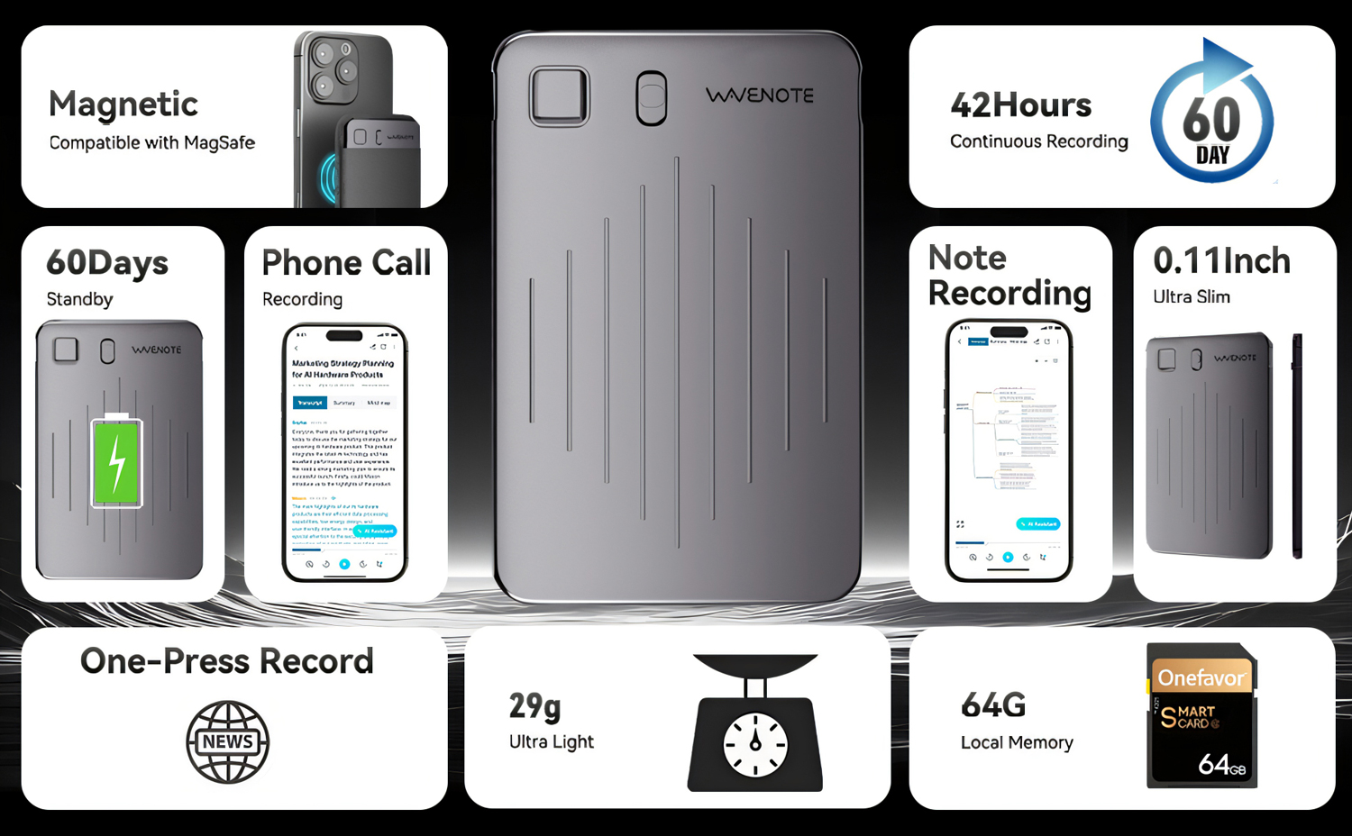 WaveNote AI Digital Recorder 36 Hours Of Continuous Recording Supports 112 Languages
