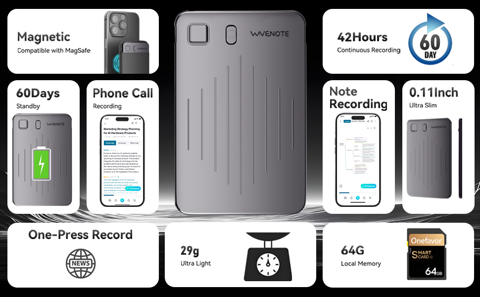 WaveNote AI Digital Recorder 36 Hours Of Continuous Recording Supports 112 Languages
