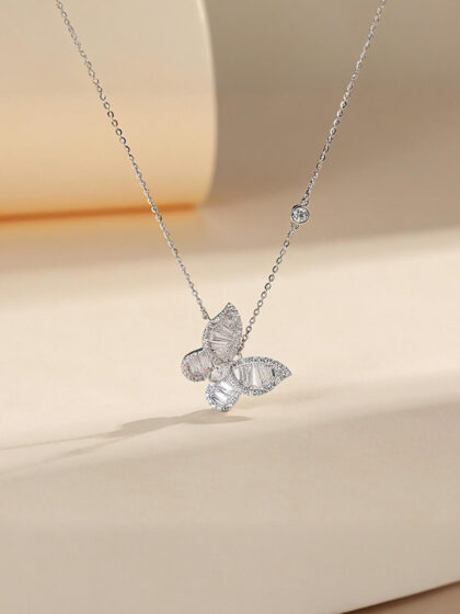 Butterfly-Shaped Diamond-Set Sterling Silver Necklace