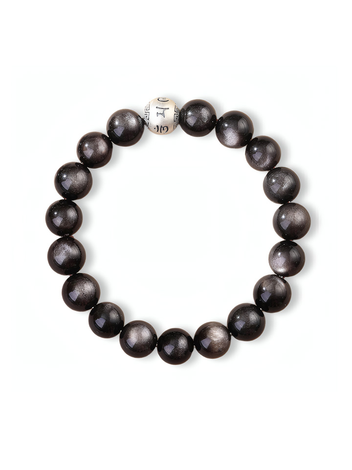 Natural Obsidian S999 Silver Lucky Beads Bracelet