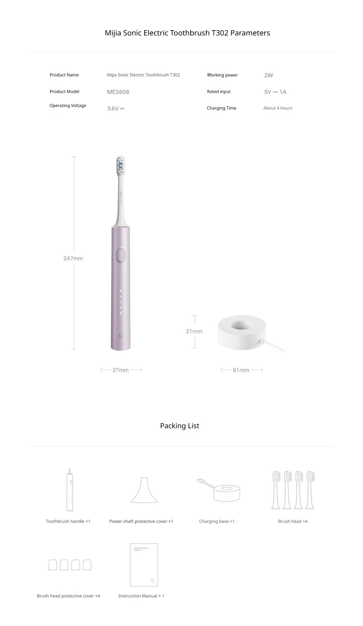 Mijia Sonic Electric Toothbrush T302 4-Brush Head Set 4 Weeks Double Plaque Removal 4 Clean Tooth Modes