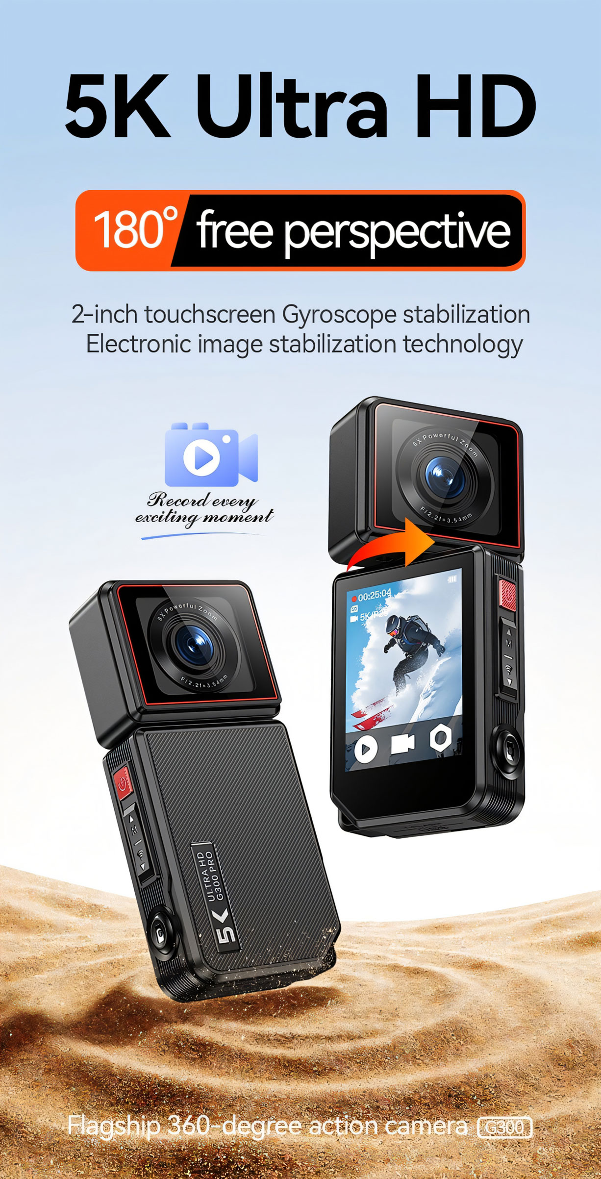 Panoramic Action Camera 2-Inch Touchscreen 5K Video Recording Wi-Fi Transmiss