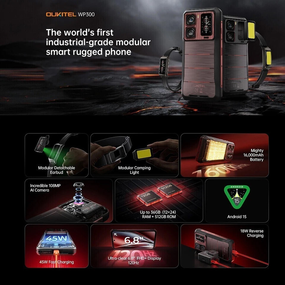 OUKITEL WP300 5G Outdoor Smartphone 36GB+512GB Modulare abnehmbare Uhr Handy NFC