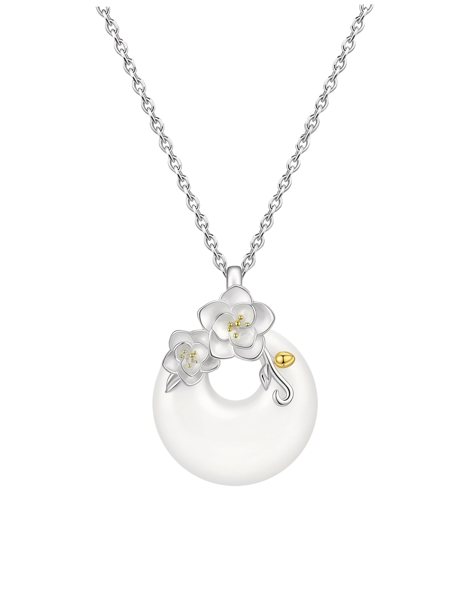 KUZNEY Jade Peace Buckle with Floral Silver Pendant